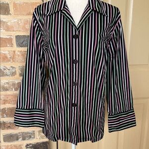 Jones New York Black Multicolor Striped Blouse Fitted Stretch Cotton Blend Sz 16